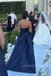 Navy Blue Satin Strapless Long A-line Evening Prom Dresses, MR0053
