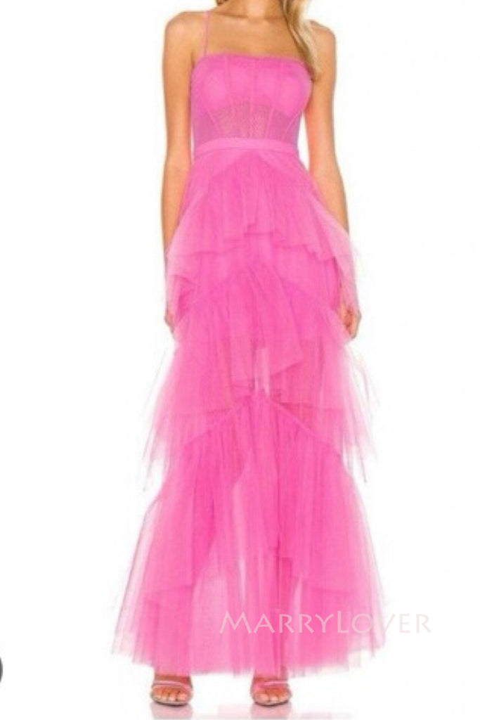 Gorgeous Pink Tulle Spaghetti Straps Long Evening Prom Dresses, MR0055