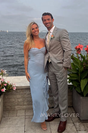 Side Slit Blue Chiffon Spaghetti Straps Long Mermaid Evening Prom Dresses, MR0058