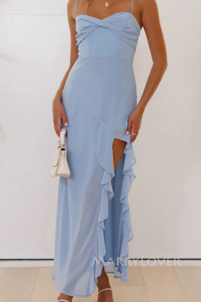 Side Slit Blue Chiffon Spaghetti Straps Long Mermaid Evening Prom Dresses, MR0058