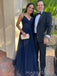 Spaghetti Straps Navy Blue Tulle A-line Long Evening Prom Dresses, MR0062