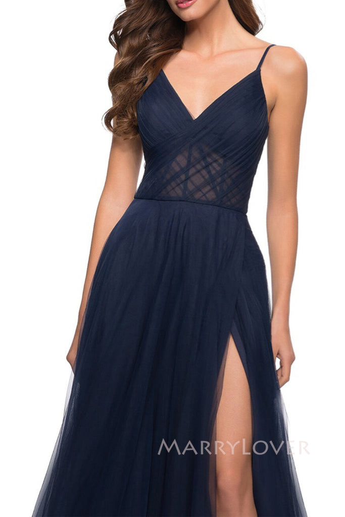 Spaghetti Straps Navy Blue Tulle A-line Long Evening Prom Dresses, MR0062
