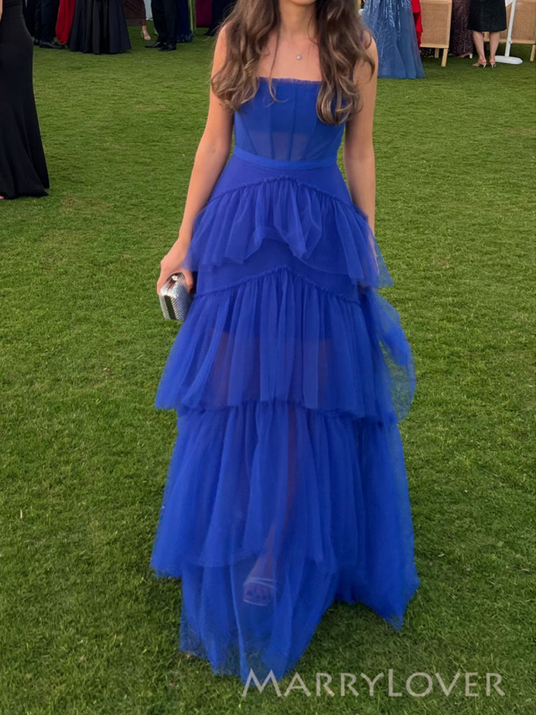 Royal Blue Tulle Spaghetti Straps Long Evening Prom Dresses, MR0063