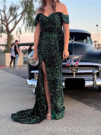 Elegant Green Sequins Mermaid Long Evening Prom Dresses, Off Shoulder Prom Dress, MR0071
