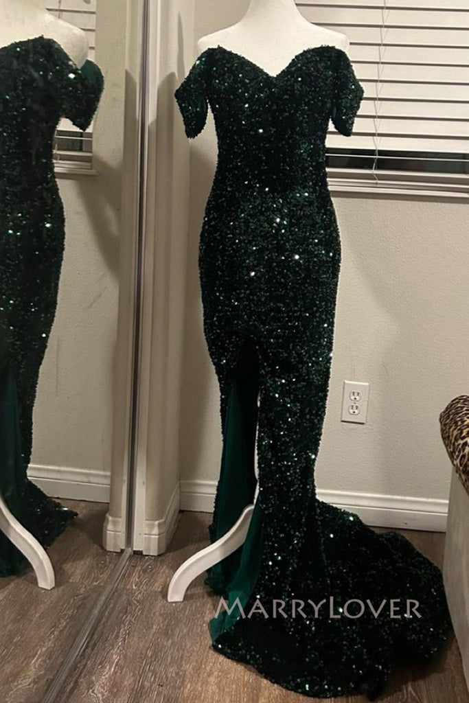 Elegant Green Sequins Mermaid Long Evening Prom Dresses, Off Shoulder Prom Dress, MR0071