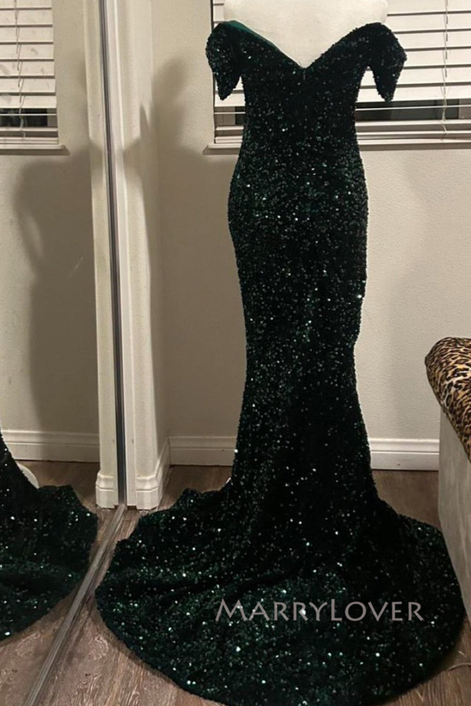Elegant Green Sequins Mermaid Long Evening Prom Dresses, Off Shoulder Prom Dress, MR0071