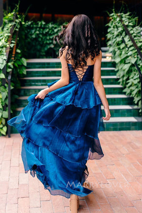 Lovely Blue Organza Strapless A-line Long Evening Prom Dresses, MR0073