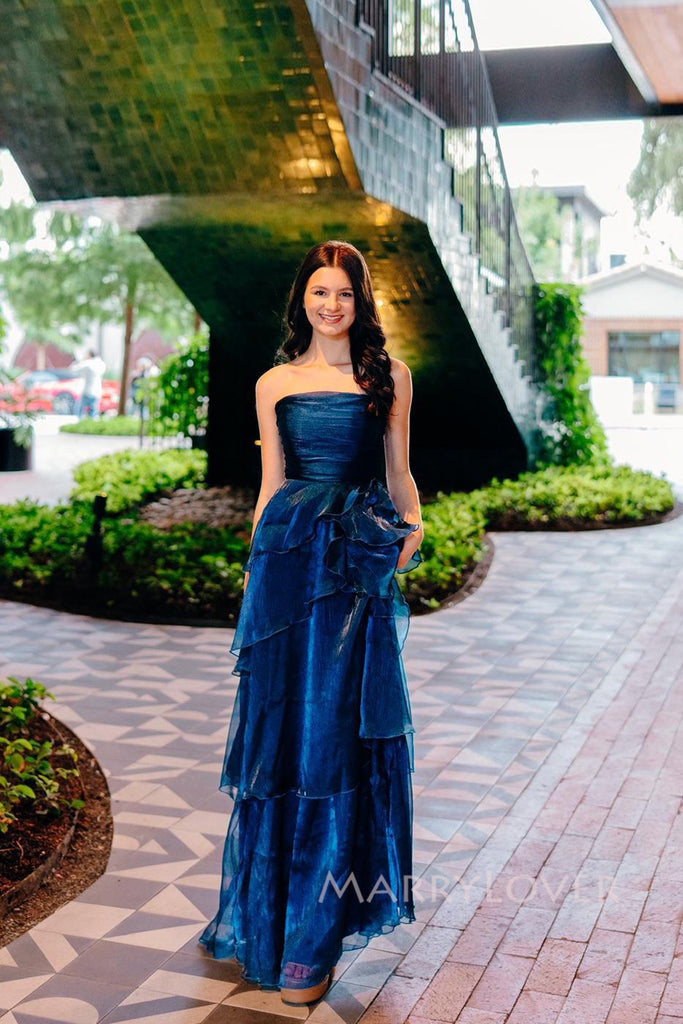 Lovely Blue Organza Strapless A-line Long Evening Prom Dresses, MR0073
