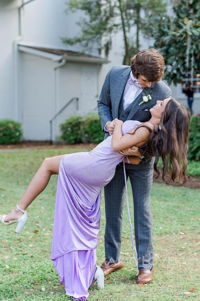 Sparkly Lilac Mermaid V-neck Spaghetti Straps Long Evening Prom Dresses, MR0074