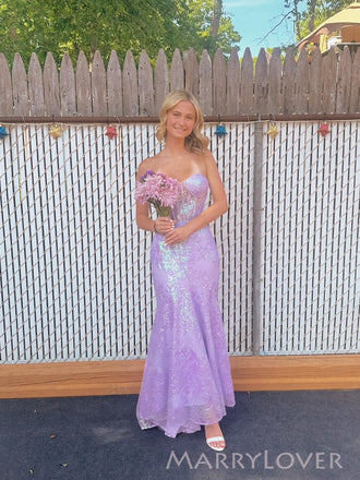 Sweetheart Purple Sequins Mermaid Long Evening Prom Dresses, MR0075