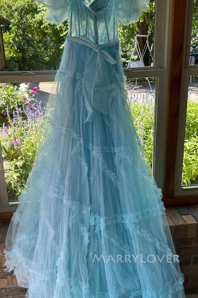 Lovely Blue Tulle A-line Long Evening Prom Dresses, MR0078