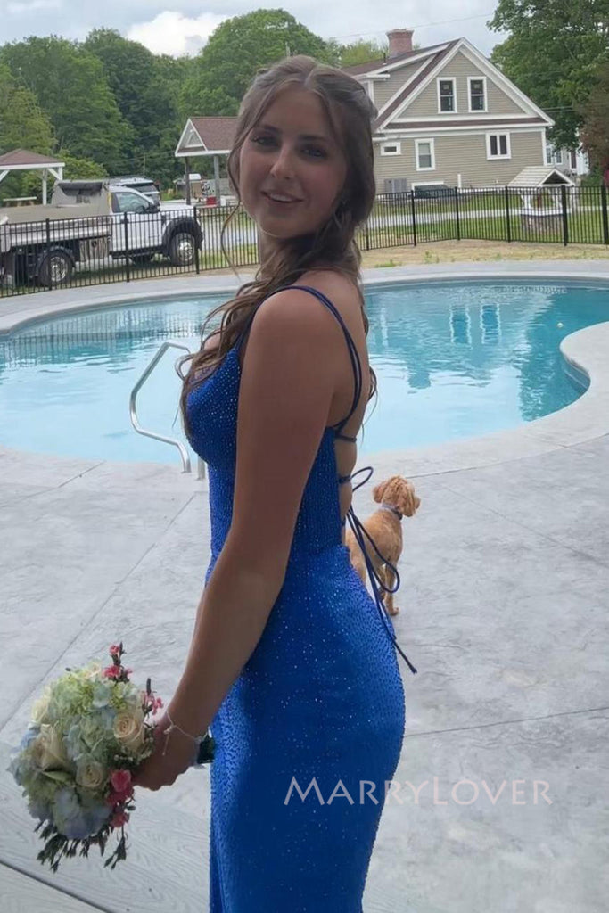 Gorgeous Royal Blue V-neck Mermaid Long Evening Prom Dresses, Spaghetti Straps Prom Dress, MR0079