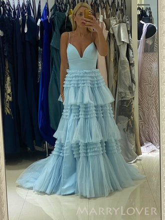 Formal Straps Blue Tulle V-neck A-line Long Evening Prom Dresses, MR0080