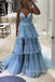 Formal Straps Blue Tulle V-neck A-line Long Evening Prom Dresses, MR0080