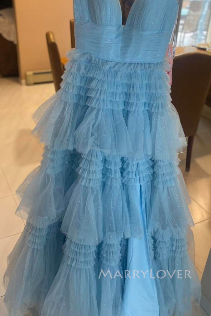 Formal Straps Blue Tulle V-neck A-line Long Evening Prom Dresses, MR0080