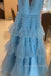Formal Straps Blue Tulle V-neck A-line Long Evening Prom Dresses, MR0080