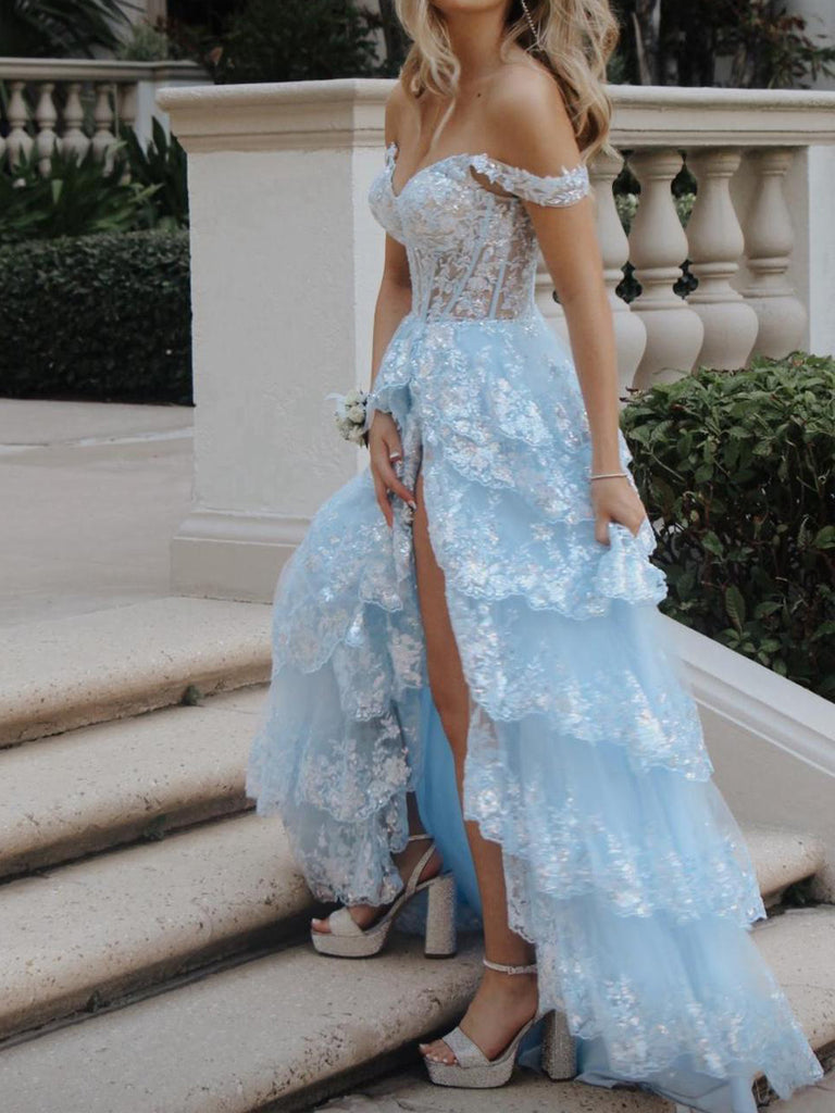 Morden Blue Tulle Appliques A-line Long Evening Prom Dresses, Off Shoulder Prom Dress, MR0081