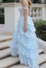 Morden Blue Tulle Appliques A-line Long Evening Prom Dresses, Off Shoulder Prom Dress, MR0081