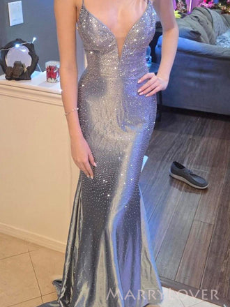 Blue Sparkly Spaghetti Straps Mermaid Long Evening Prom Dresses, V-neck Prom Dress, MR0082