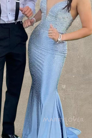 Blue Sparkly Spaghetti Straps Mermaid Long Evening Prom Dresses, V-neck Prom Dress, MR0082
