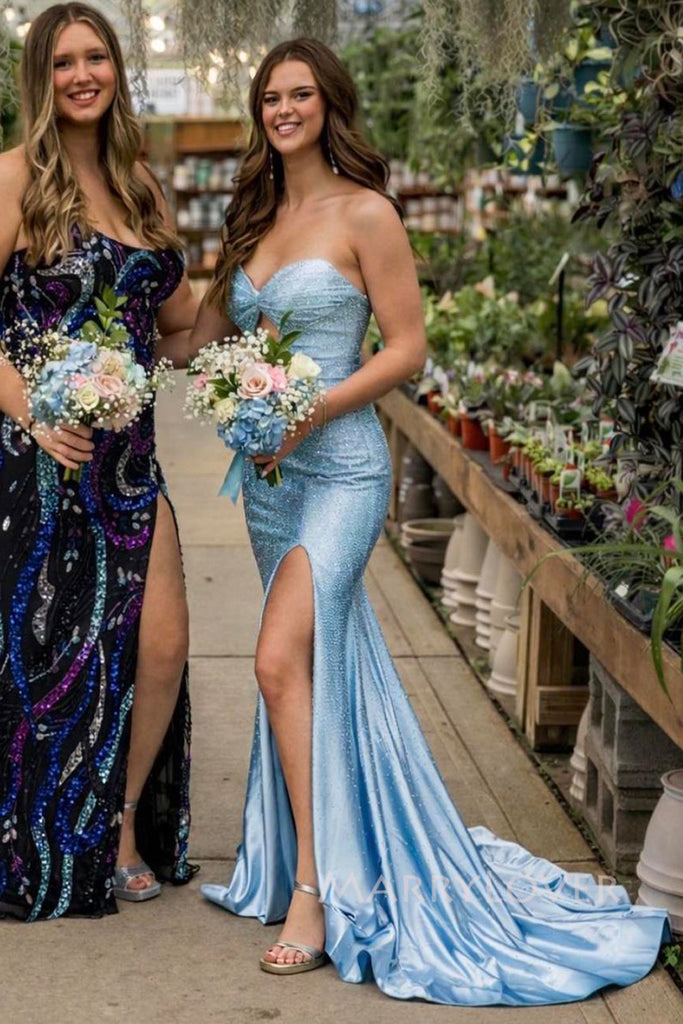 Sparkly Blue Mermaid Sweetheart Long Evening Prom Dresses, Side Slit Prom Dress, MR0083