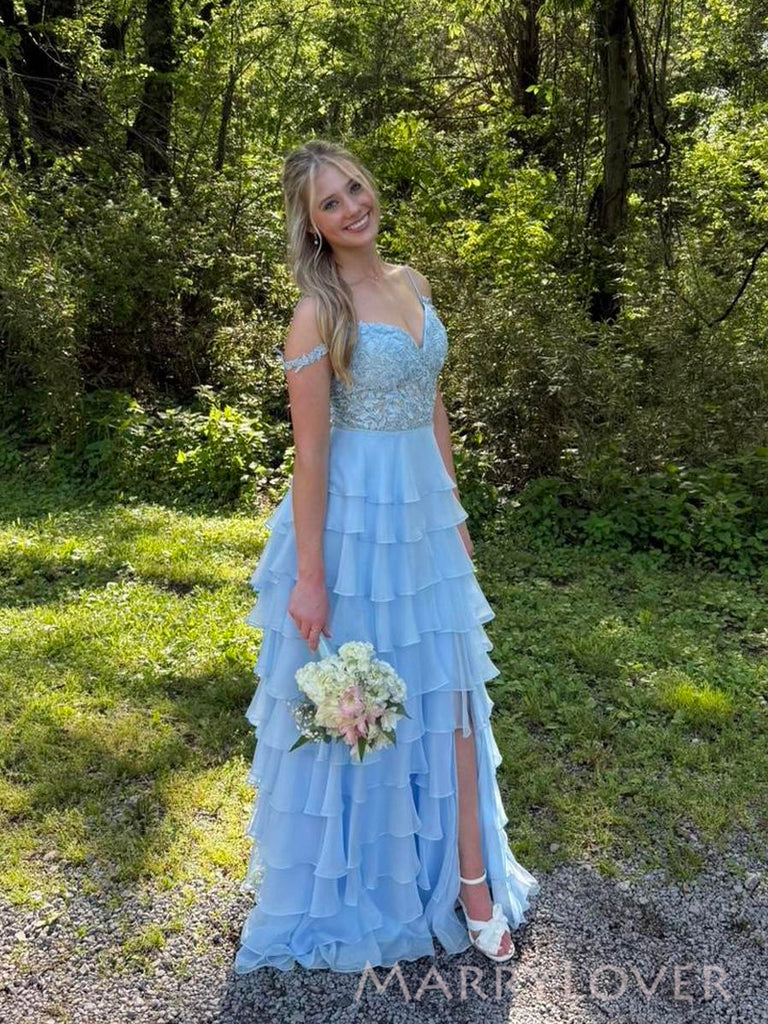 A-line Blue Chiffon Appliques Long Evening Prom Dresses, Side Slit Prom Dress, MR0084