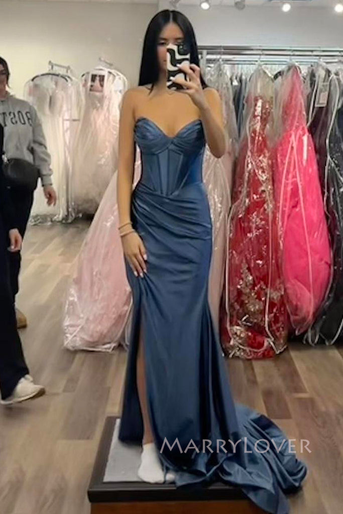 Dusty Blue Satin Sweetheart Long Evening Prom Dresses, MR0086