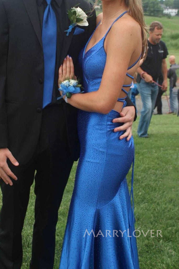 Elegant Royal Blue Mermaid Long Evening Prom Dresses, V-neck Prom Dress, MR0088
