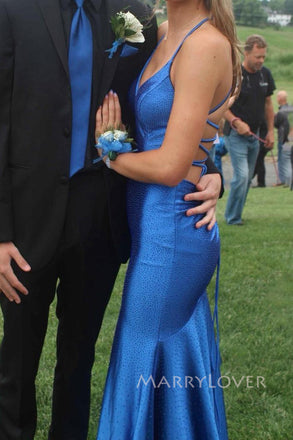 Elegant Royal Blue Mermaid Long Evening Prom Dresses, V-neck Prom Dress, MR0088