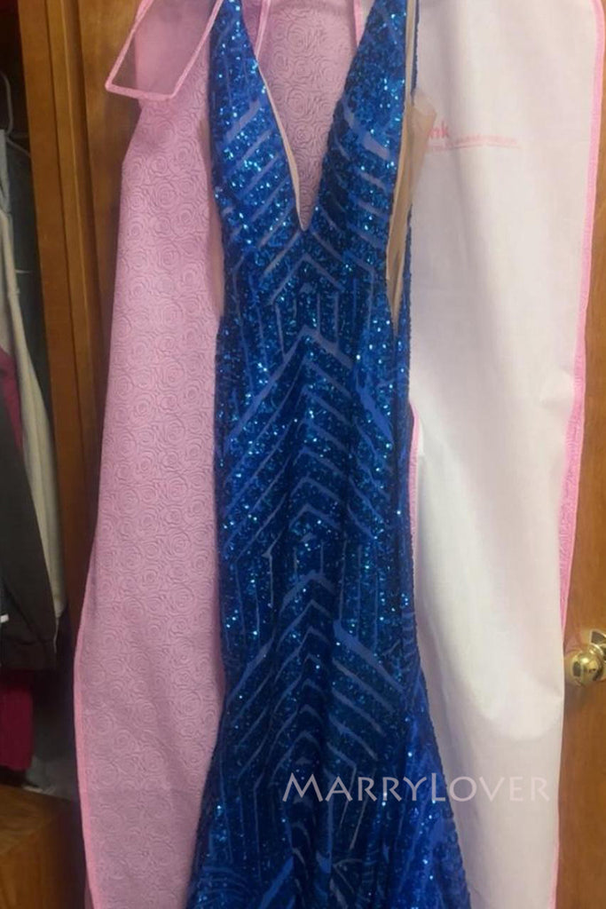 Popular Deep V-neck Royal Blue Sequins Mermaid Long Evening Prom Dresses, MR0089