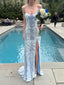 Light Blue Sequins Appliques Mermaid Long Evening Prom Dresses, Spaghetti Straps Prom Dress, MR0090