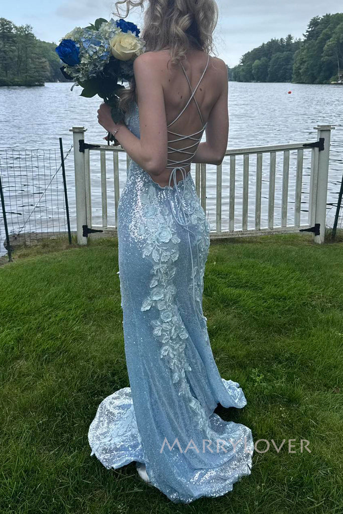 Light Blue Sequins Appliques Mermaid Long Evening Prom Dresses, Spaghetti Straps Prom Dress, MR0090