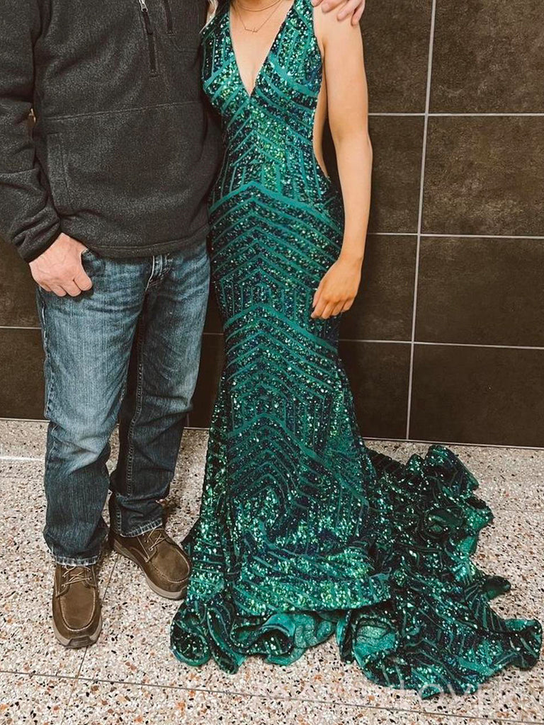 Formal V-Back Dark Green Sequins Mermaid Long Evening Prom Dresses, MR0091