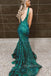 Formal V-Back Dark Green Sequins Mermaid Long Evening Prom Dresses, MR0091