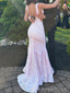 Mermaid White Pink Sequins V-neck Long Evening Prom Dresses, MR0092