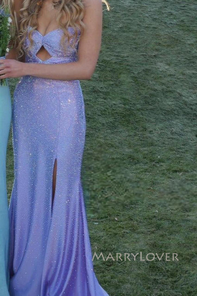 Sheath Purple Sparkly Sweetheart Long Evening Prom Dresses, Mermaid Side Slit Prom Dress, MR0094