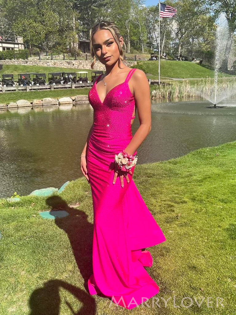 Sexy Backless Hot Pink Mermaid Long Evening Prom Dresses, Sparkly Prom Dress, MR0095