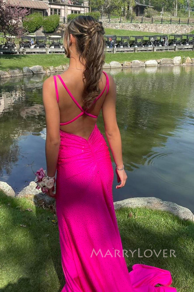 Sexy Backless Hot Pink Mermaid Long Evening Prom Dresses, Sparkly Prom Dress, MR0095