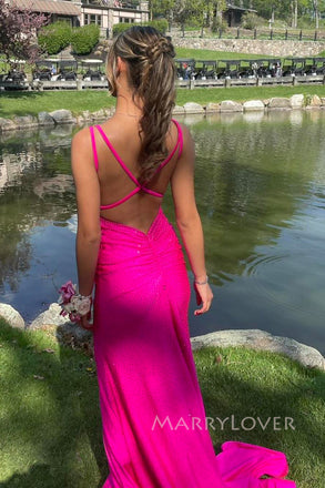 Sexy Backless Hot Pink Mermaid Long Evening Prom Dresses, Sparkly Prom Dress, MR0095