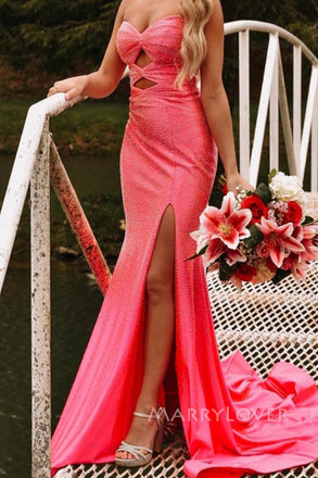 Gorgeous Sweetheart Pink Sparkly Long Evening Prom Dresses, Mermaid Strapless Prom Dress, MR0096