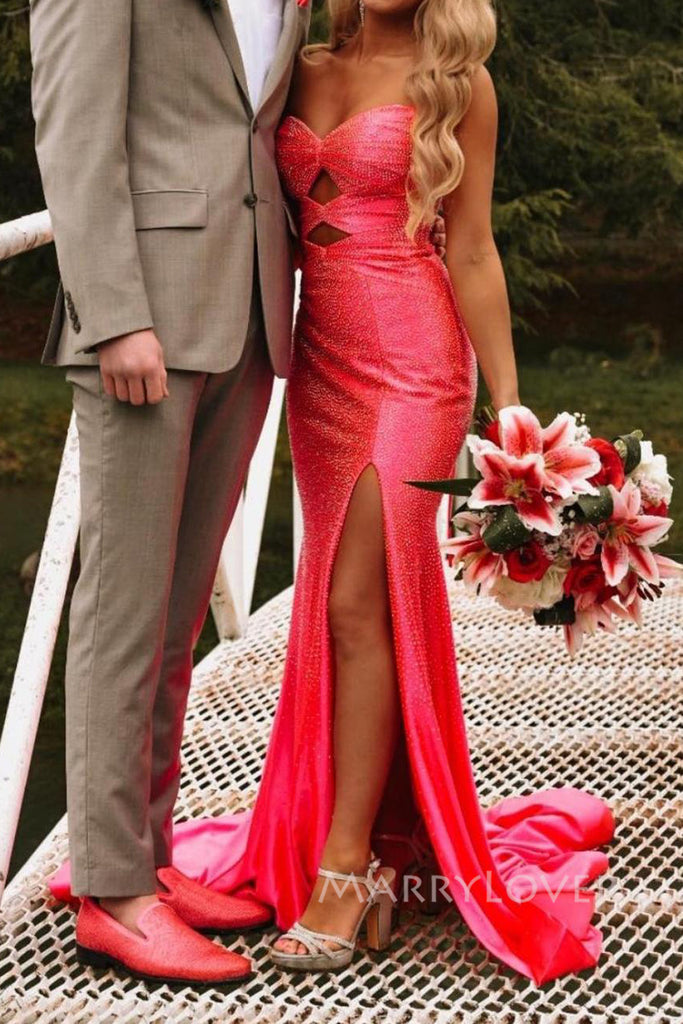 Gorgeous Sweetheart Pink Sparkly Long Evening Prom Dresses, Mermaid Strapless Prom Dress, MR0096