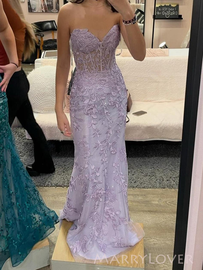 Formal Lilac Tulle Appliques Mermaid Long Evening Prom Dresses Sweetheart, MR0097