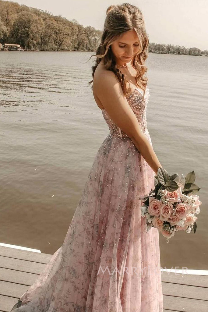 Sweetheart A-line Chiffon Long Evening Prom Dresses, Side Slit Prom Dress, MR0098