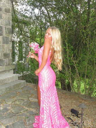Gorgeous Pink Sequins Mermaid V-neck Long Evening Prom Dresses, MR0100