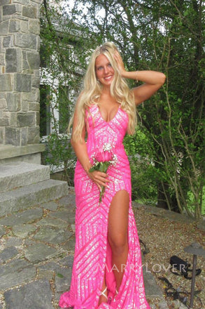 Gorgeous Pink Sequins Mermaid V-neck Long Evening Prom Dresses, MR0100