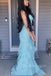 Floor-length Blue Chiffon Appliques Long Evening Prom Dresses, V-neck Prom Dress, MR0102