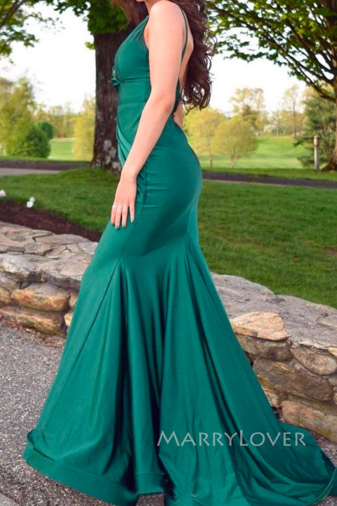 Elegant Emerald Green Mermaid Long Evening Prom Dresses, Spaghetti Straps Prom Dress, MR0103
