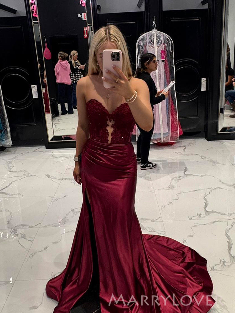 Gorgeous Burgundy Satin Appliques Long Evening Prom Dresses, Sweetheart Mermaid Prom Dress, MR0104