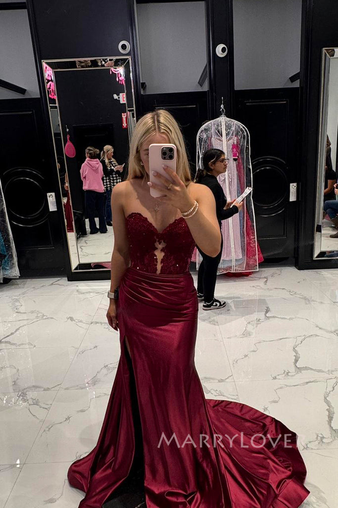 Gorgeous Burgundy Satin Appliques Long Evening Prom Dresses, Sweetheart Mermaid Prom Dress, MR0104