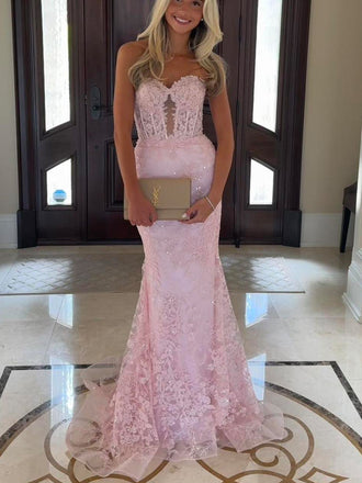 Sweetheart Pink Lace Appliques Long Evening Prom Dresses, Mermaid Prom Dress, MR0105